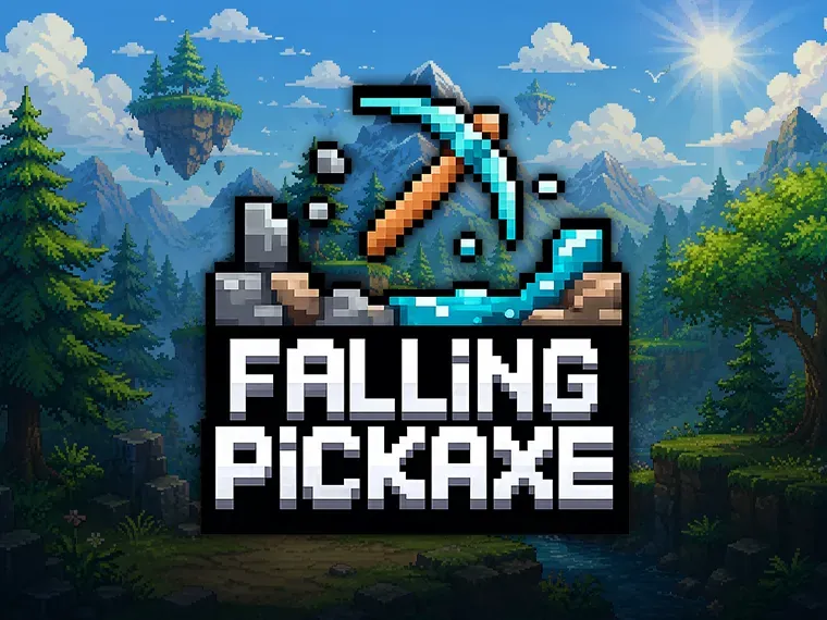 Logo de Falling Pickaxe con bosque pixel art e islas flotantes