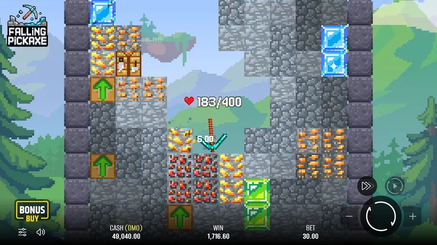 Pantalla de Falling Pickaxe con la piqueta cayendo, bloques de oro y barra de HP 183/400