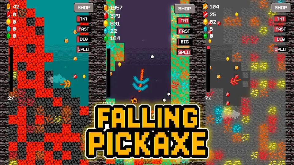 Minas pixeladas con minerales, TNT y mejoras en Falling Pickaxe